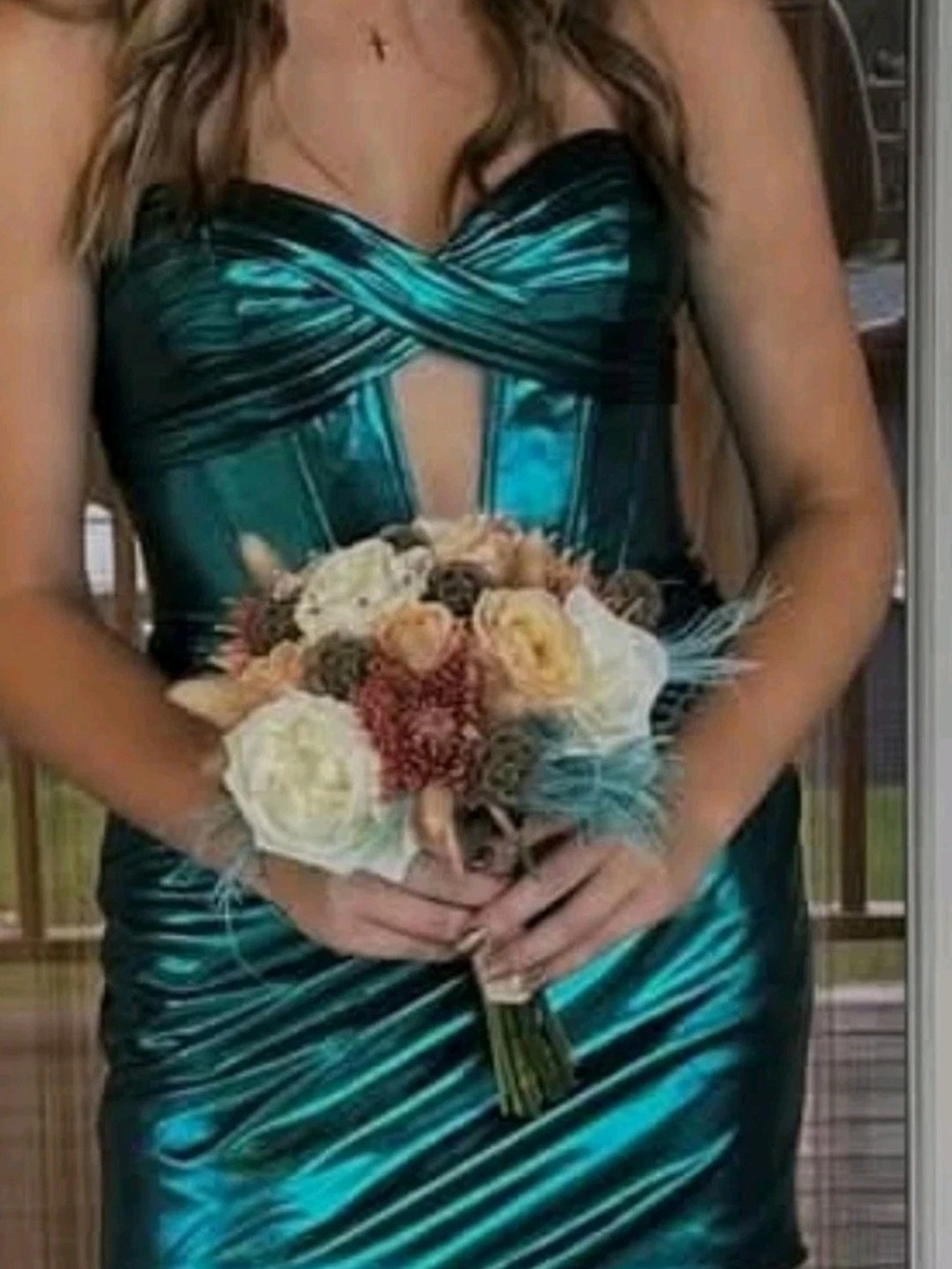 Sherri Hill Metallic Teal Strapless Cocktail Dress